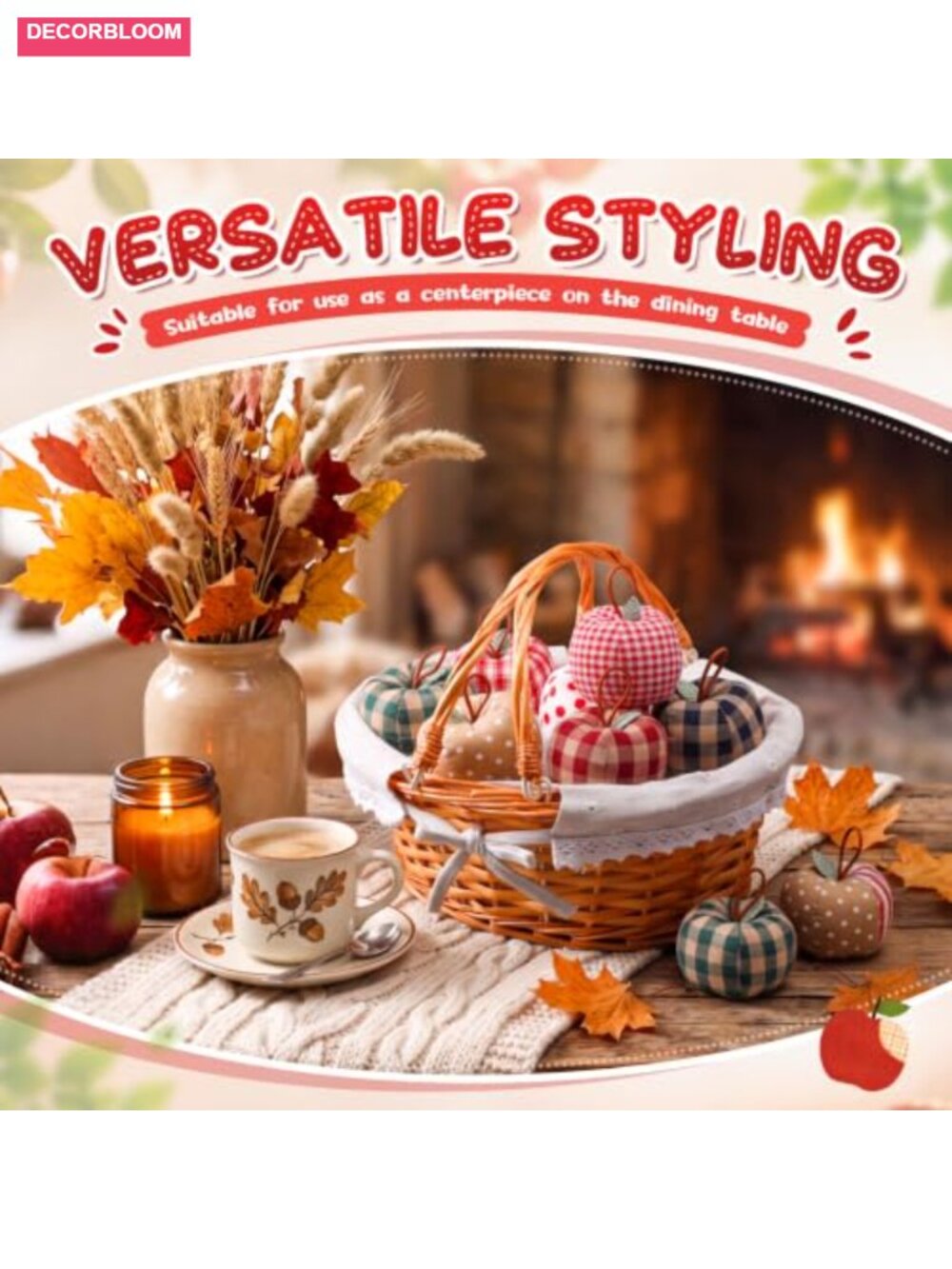 Fall Apple Basket Decor Set Farmhouse Centerpiece 10 Pc - Picture 5 of 5